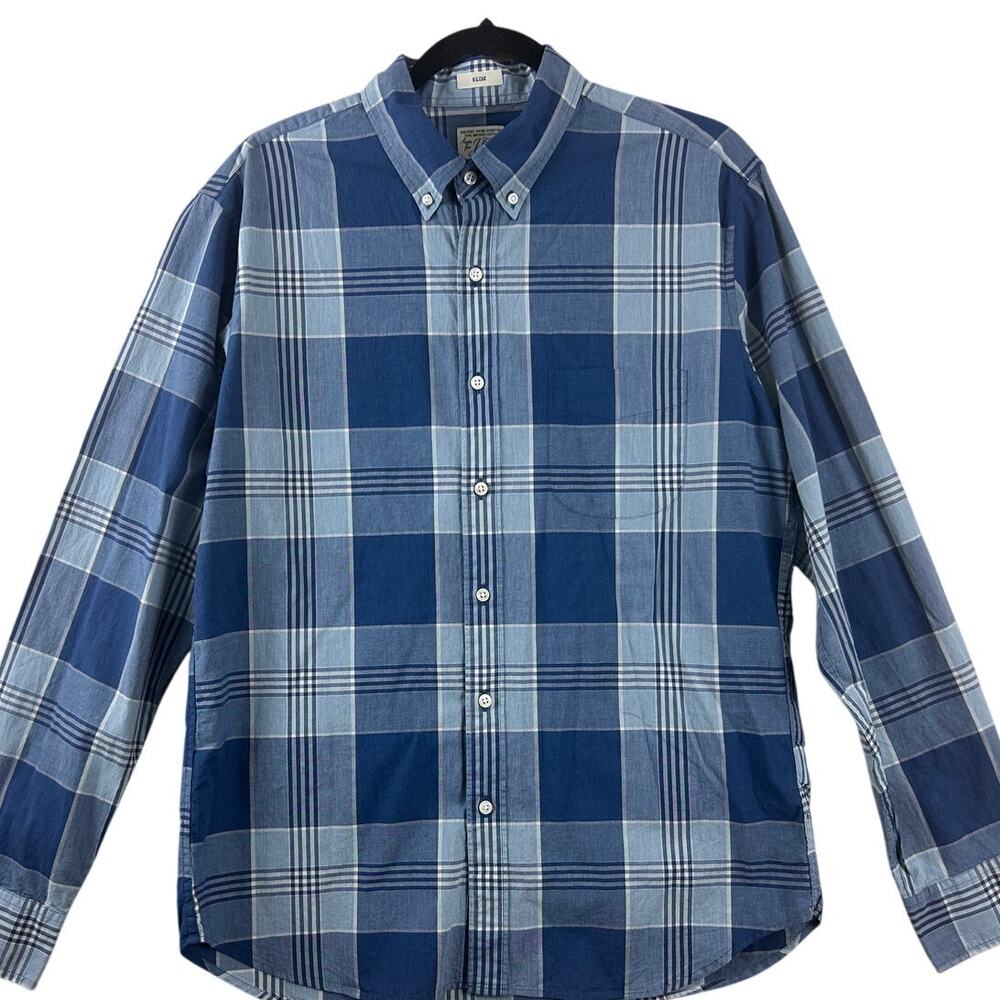 J.Crew Slim Fit Blue Plaid Button‎ Down Shirt Men’s Large Organic Cotton Stretch
